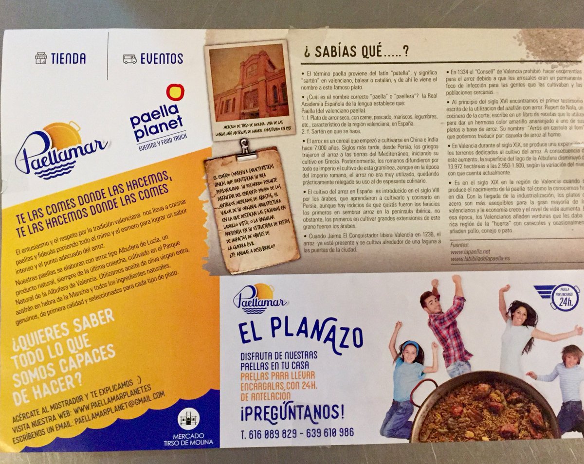 PaellaPlanet's tweet photo. Ya tenemos mantelitos individuales para las bandejas de nuestros menús de Mercado Tirso De Molina . Son súper chulos. Seguimos mejorando! #mercadotirsodemolina #madrid #paellasgourmet #paratomar #parallevar #takeaway #menusespeciales #menu #comer #reir #amar @MercadoTirso https://t.co/eaaL0e4WQf