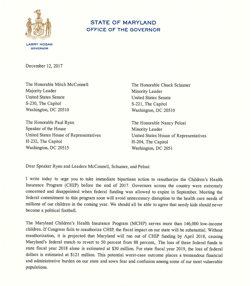 GovLarryHogan's tweet photo. I am calling on Congress to take immediate bipartisan action to reauthorize the Children’s Health Insurance Program (CHIP) before the end of 2017 - needy kids should never be a political football. https://t.co/tTmJlqZot2