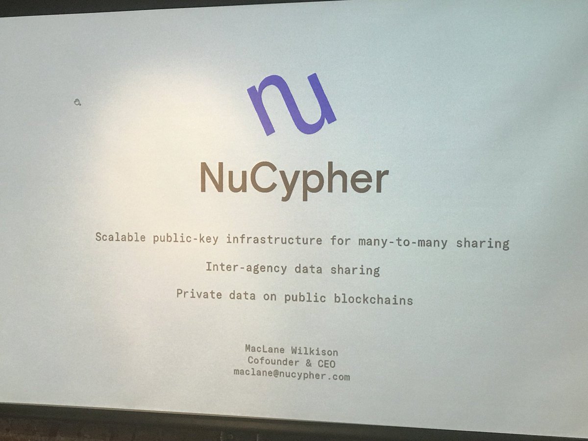 AWS_Gov's tweet photo. We use Proxy Re-Encryption to power a data driven approach to data sharing. MacLane Wilkison CEO &amp; Cofounder  @nucypher #dcodedemoday https://t.co/TiRAmcYktk