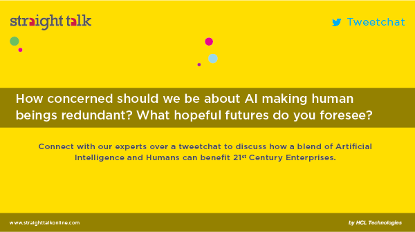 HCLTechInsights's tweet photo. Here’s our fifth question to the panel—but keep shooting YOUR questions, using #STinsights. How concerned should we be about #AI making human beings redundant? What hopeful futures do you foresee? https://t.co/TArNY9Nfcp