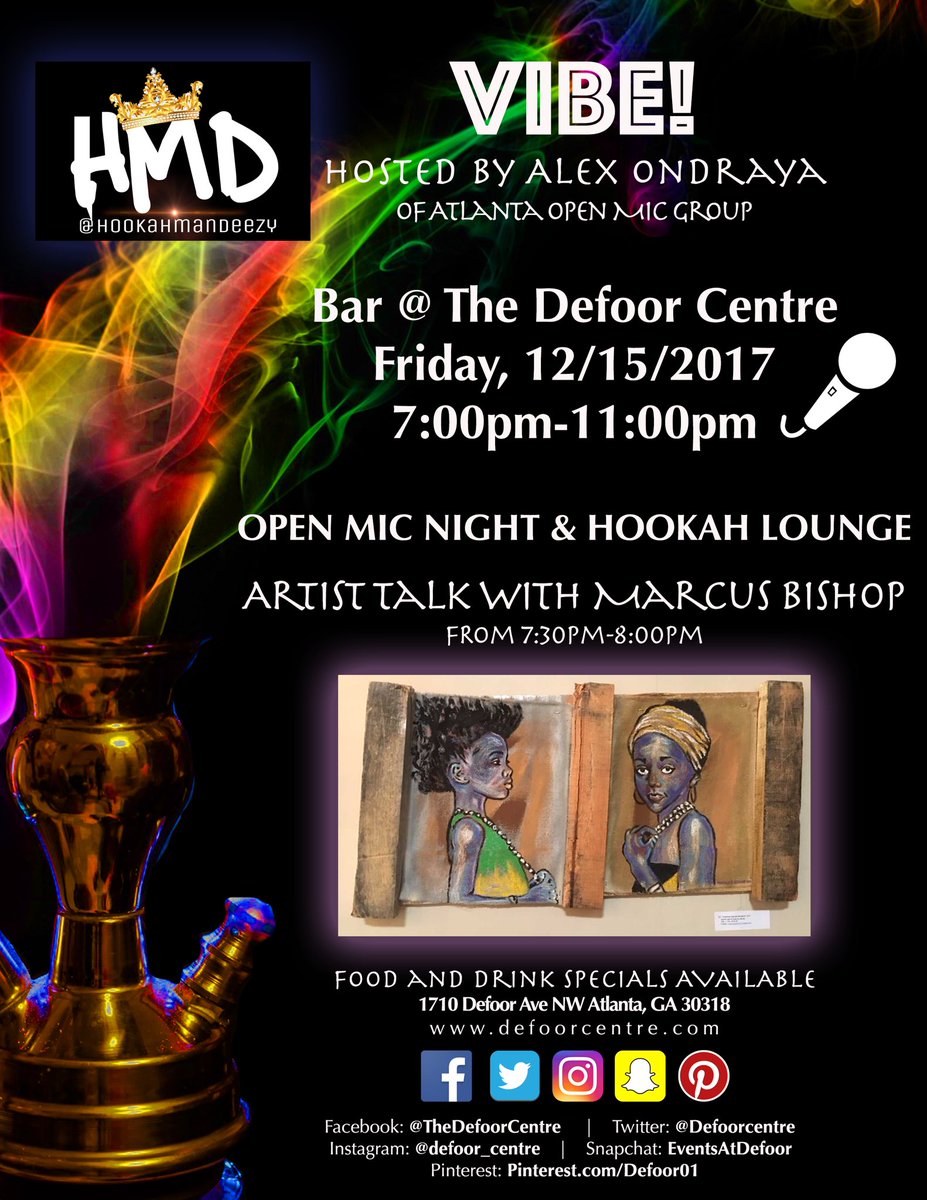 Open Mic Night, Hookah Lounge, and an Artist Talk with Marcus Bishop THIS FRIDAY 12/15 from 7pm-11pm. Come hang with us! #atl #atlantaevents #openmicnight #hookahlounge #atlantaart