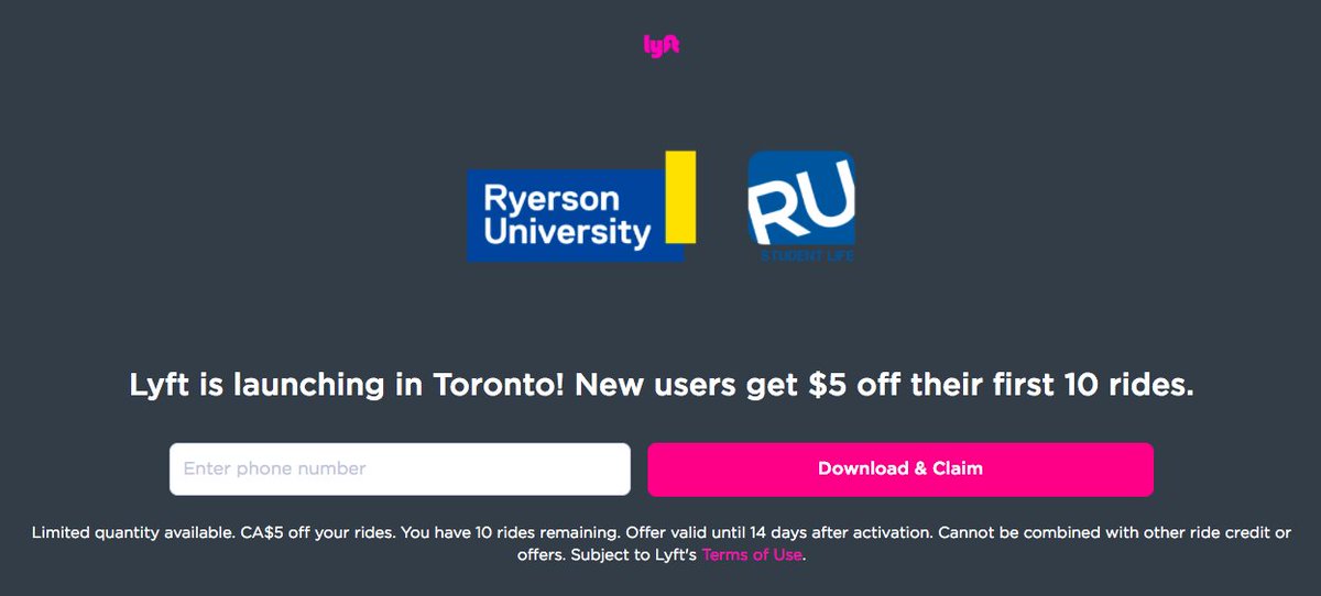 studentlifetmu's tweet photo. Lyft is launching in Toronto today! To celebrate, they’ve created a special promo code that gives $5 off each of your first 10 rides. 🚘

Enter code, “LYFTRU18” in the app or visit https://t.co/lEF1SSpwUG to get your deal! #LyftTO https://t.co/Rb61YYEjV8