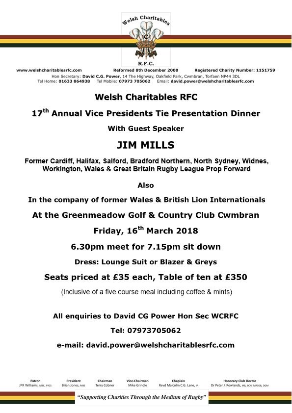 WelshCharRFC's tweet photo. Our 17th Annual Vice Presidents #Charity Dinner &amp; Tie Presentation Guest Speaker is former @WalesRugbyL &amp; @GB_Lions #Legend @millsjim44 https://t.co/lvef5DkD2y