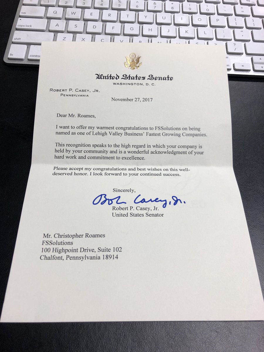 croames's tweet image. It’s not everyday that you have a congratulatory letter from a US Senator sitting on your desk. Proud of @fssolutions_com! Thank you, @SenBobCasey.