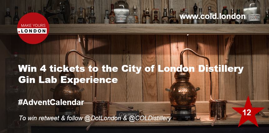 dotLondon's tweet photo. Day 12 #AdventCalendar! RT & follow to #win 4 tickets to @COLDistillery's #GinLabExperience for the chance to design & distill your own bottle of #gin. https://t.co/T80VS2Ovkf #DotLondon https://t.co/pMwi1hU1JP