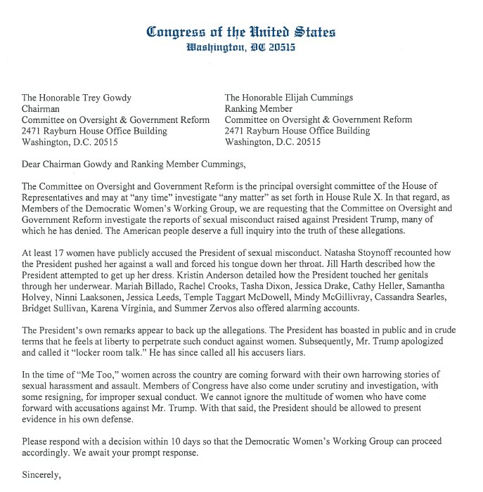 RepRaskin's tweet photo. The sexual harassment allegations against President Trump must be investigated and addressed. No Executive Privilege to assault. https://t.co/zby3x06zfM