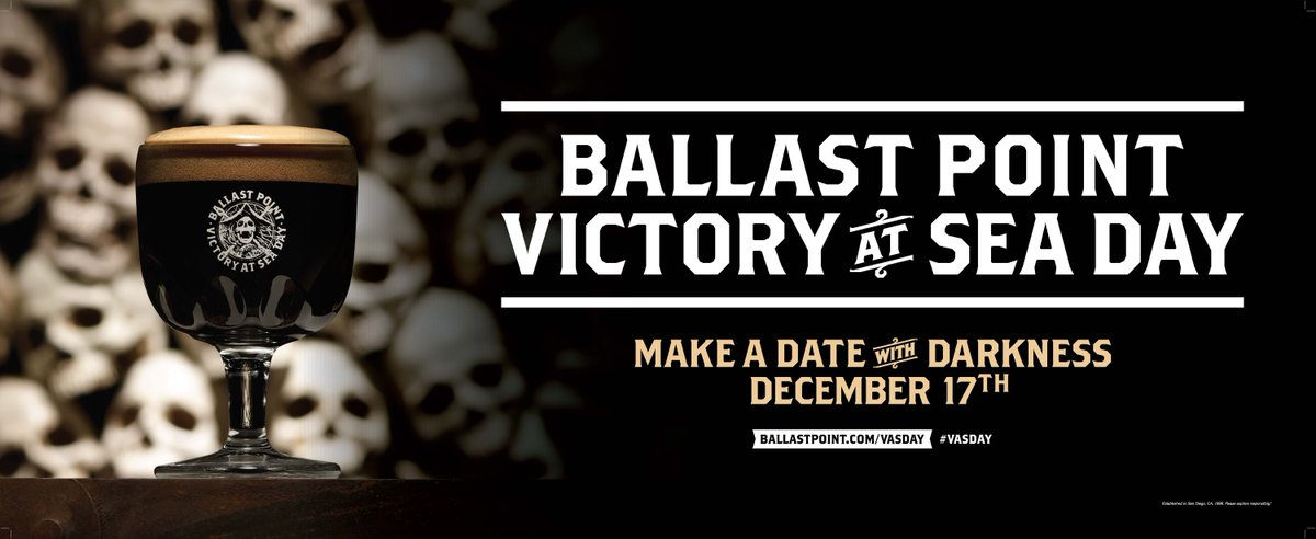 BallastPoint's tweet photo. Our annual Victory at Sea Day is THIS Sunday! Join us to celebrate our award-winning imperial porter w/ 20+ varieties. Five 4oz tasters, a goblet, Victory at Sea Day sticker & eye patch for $30. Pirate attire is strongly encouraged! Buy tix now: https://t.co/YeiWlOAWd7 #VASday https://t.co/WWD5rVBzNa