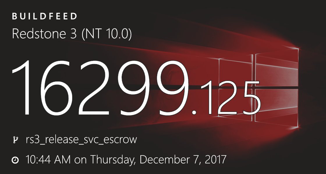buildfeed's tweet image. 10.0.16299.125 (rs3_release_svc_escrow.171207-1044) bld.pm/2l4YmBv #Redstone3 #microsoft #windows