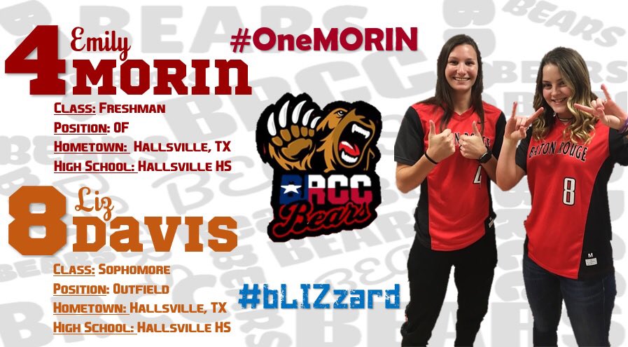 brcc_softball's tweet photo. Continuing on with our #BearDownCountDown is a pair of #TexasBears; Freshman Emily Morin &amp; Sophomore Liz Davis! 
First pitch January 27th! 
#OneMORIN☝🏼
#bLIZzard 🌨
#RakeItUp🐻 https://t.co/NPGoscqlRX