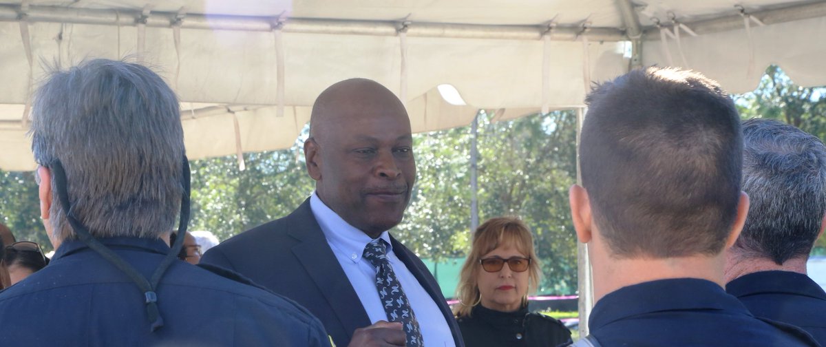 sherylkahn's tweet photo. Former #MiamiDolphins player #DwightStephenson talks to firefighters at a fire station groundbreaking. (He's a contractor now, and his company is building the station.) #WestPalmBeach #FL https://t.co/VgZtQAXGRk