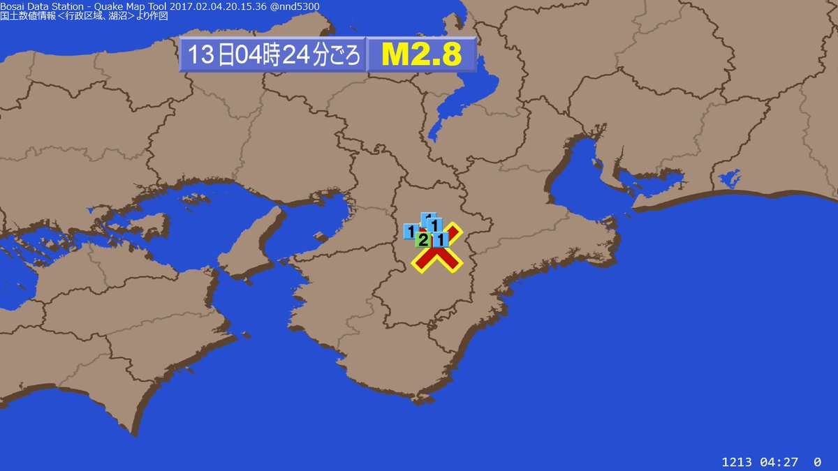 quakemap_bot's tweet image. 4時24分ごろ近畿地方で震度2の揺れを観測する 地震がありました。(04:27)
