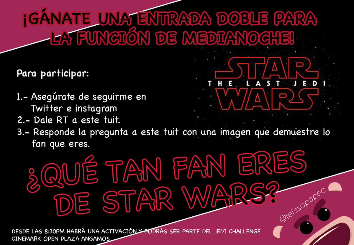 hannscondoblen's tweet photo. Fanático de #StarWars que no conseguiste entradas para la función de medianoche de #LosUltimosJedi Gánate UNA ENTRADA DOBLE, y además, serás parte del #JediChallenge de @LenovoPe. https://t.co/Y5eCfbL3Ey