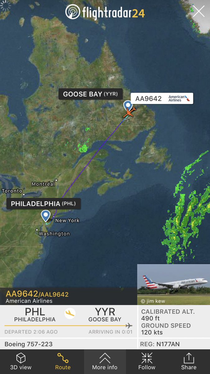 FlightIntl's tweet photo. American Airlines flight #AA203 from Amsterdam to Philadelphia diverted to Goose Bay (YYR) earlier today - flight #AA9642 just arrived in Goose Bay (seems to be a replacement aircraft) https://t.co/caiNIduHSH