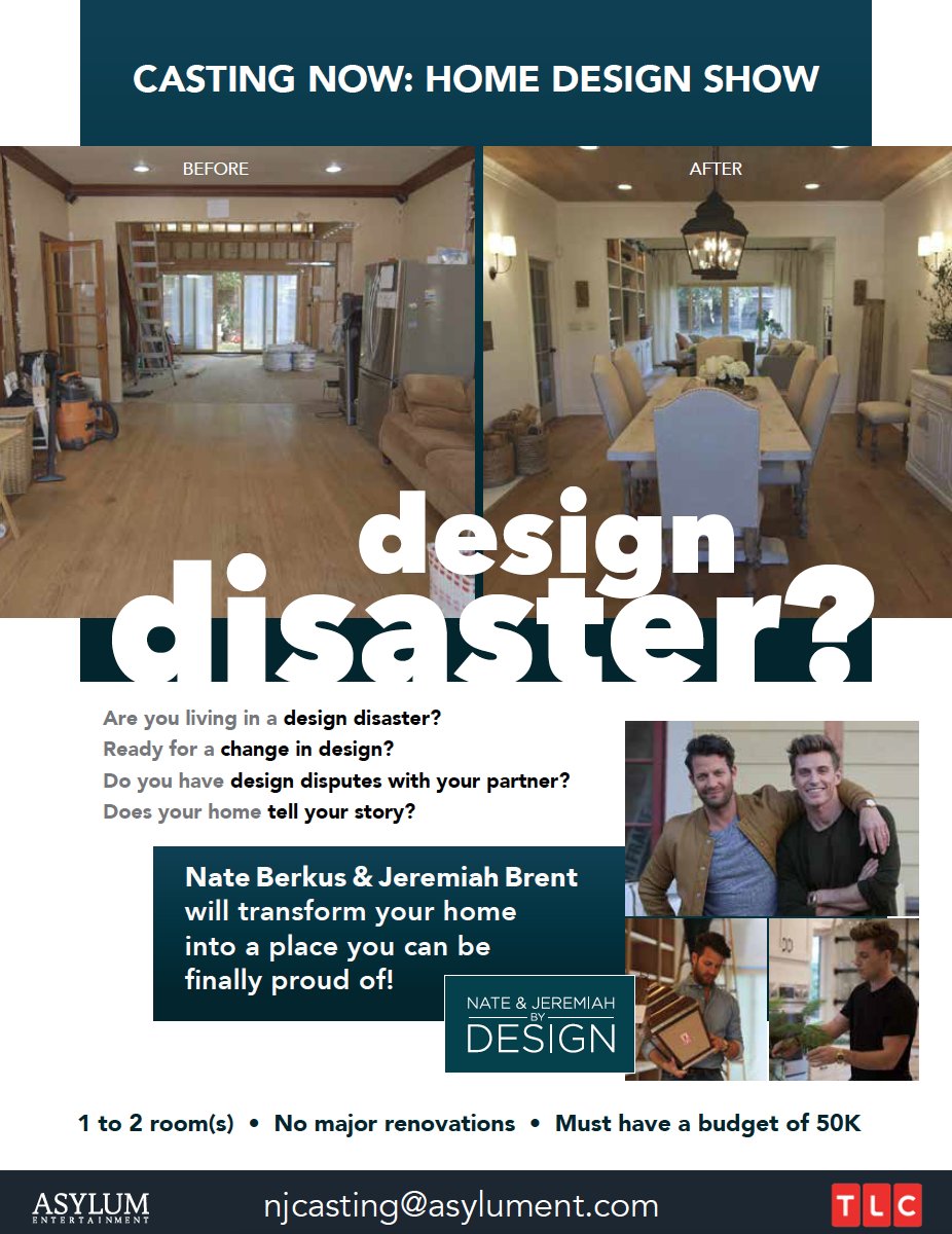 AsylumEnt's tweet image. #NandJByDesign is casting! @TLC @NateBerkus @JeremiahBrent #TLC #Asylum #Casting