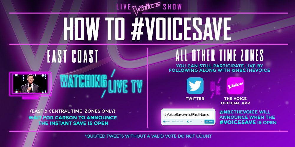 Don’t forget! The #VoiceSave is going down TONIGHT. Remember, tweets ONLY count at the END of the show when Carson says GO! #VoiceResults