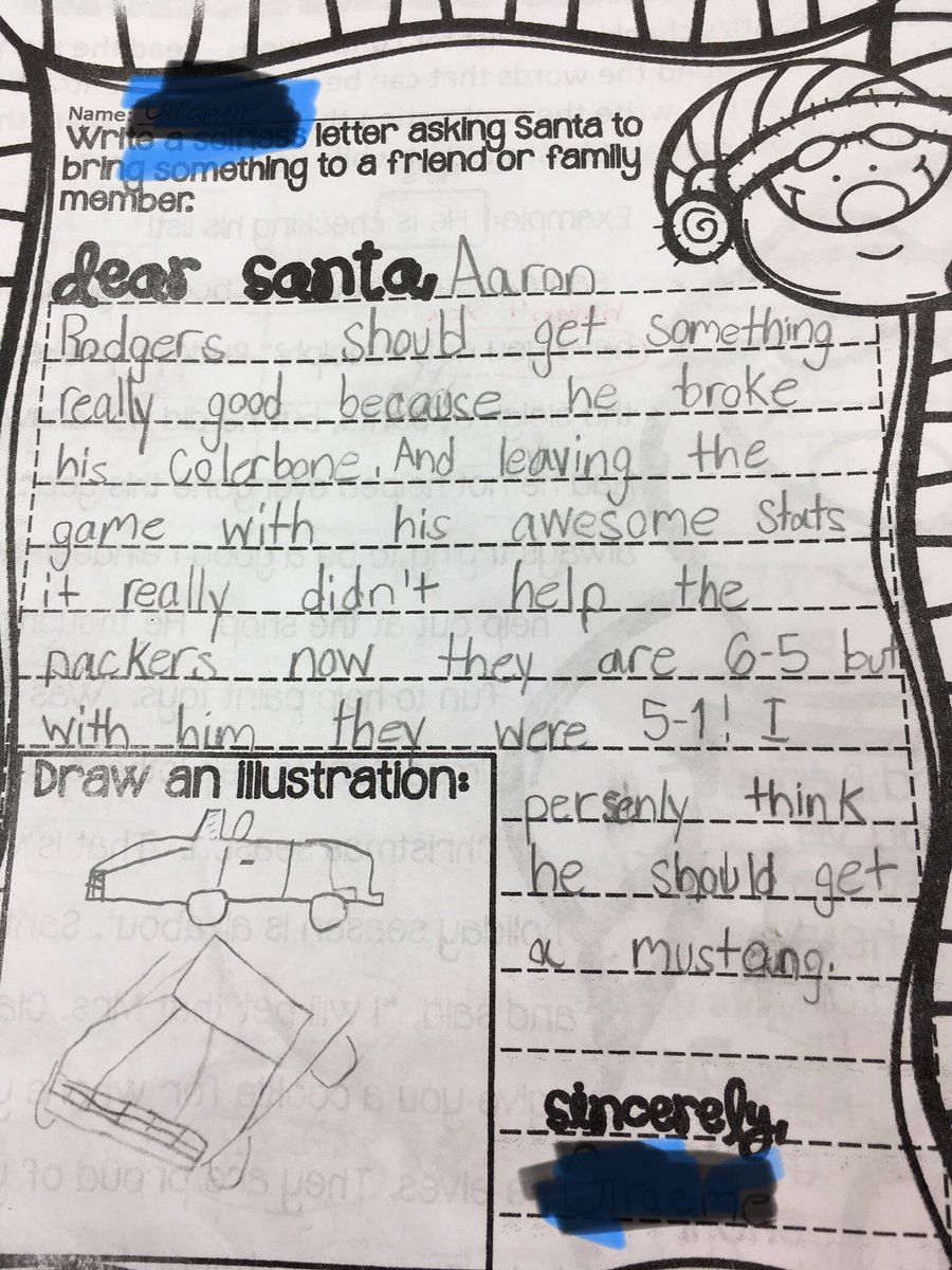 jacinichol's tweet photo. Hi @packers here is a letter one of my second graders sent to Santa about @AaronRodgers12 https://t.co/raBThtTI7t