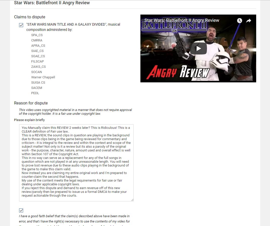 OH HELL NO! I won't stand for one of my Angry Reviews getting a B.S. MANUAL Copyright Claim 2 weeks LATER <a href="/WarnerChappell/">Warner Chappell Music</a>. I'm fighting this to the end. #StarWarsBattlefrontII #AngryReview