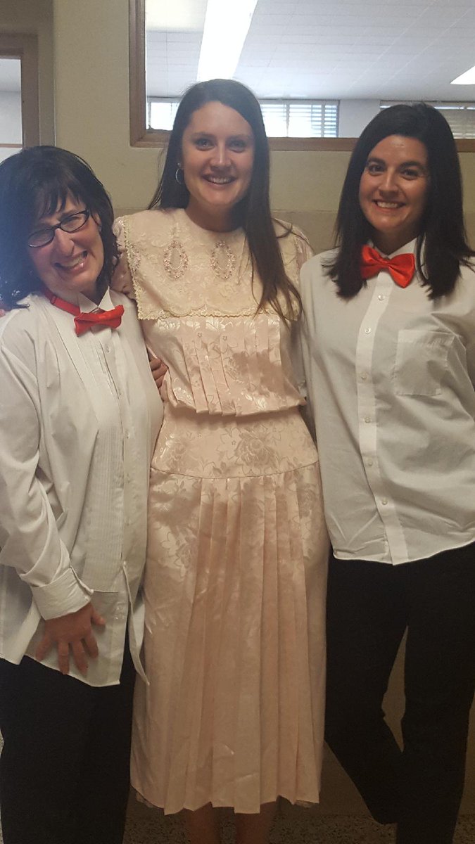 TosaLongfellow's tweet photo. Our 7th grade teachers wore formalwear to school because 7th grade students raised over $1000 for the generosity project. For the record, Mrs. W-K wore 5 different dresses! #AwkwardPromPhotos #Longfellowpride https://t.co/P3XOIdaBSj