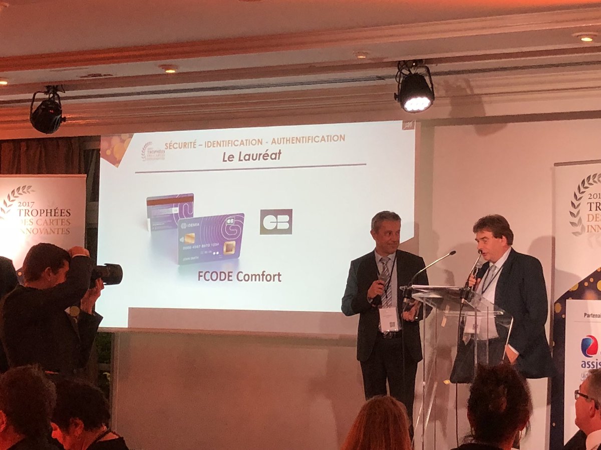 BakoEmily's tweet photo. In the « Security - Identification - Authentication » category, the winners are IDEMIA and GIE Cartes Bancaires with FCODE Comfort - the innovative biometric card @IdemiaGroup @CartesCB @TCI_2017 https://t.co/vlcfRQqK4j