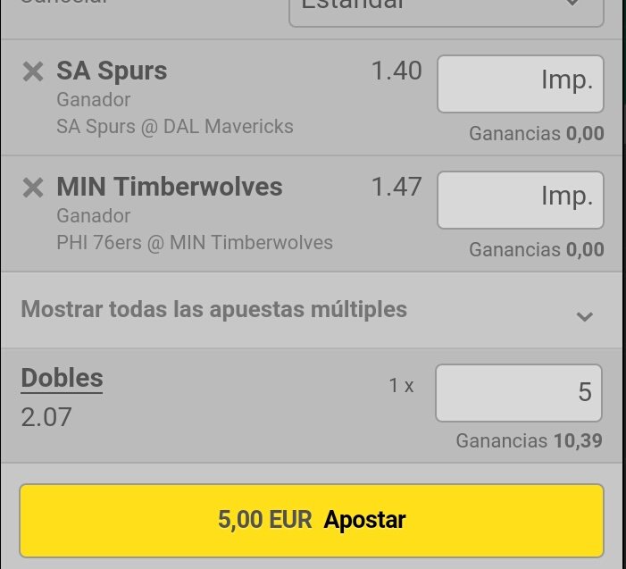 WeekBet's tweet image. Combinada NBA! 🇺🇸🏀
⬛ Vamos con las victorias de San Antonio y de Minessota Timberwolves!
⬛ Cuota: 2.07 💰
⬛ Stake: 7 🍀
⬛ Apostado: 5 unidades
Confiamos en las dos victorias de estos dos equipos, destacar la vuelta de K. Leonard en San Antonio! RT si seguís!  💪😉