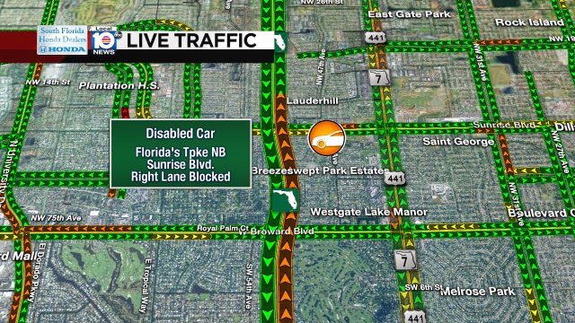 DISABLED CAR: Florida's Tpke NB & Sunrise Blvd. A right lane is blocked; delays stretch back to I-595. #TRAFFIC https://t.co/BFDzDmwaM4