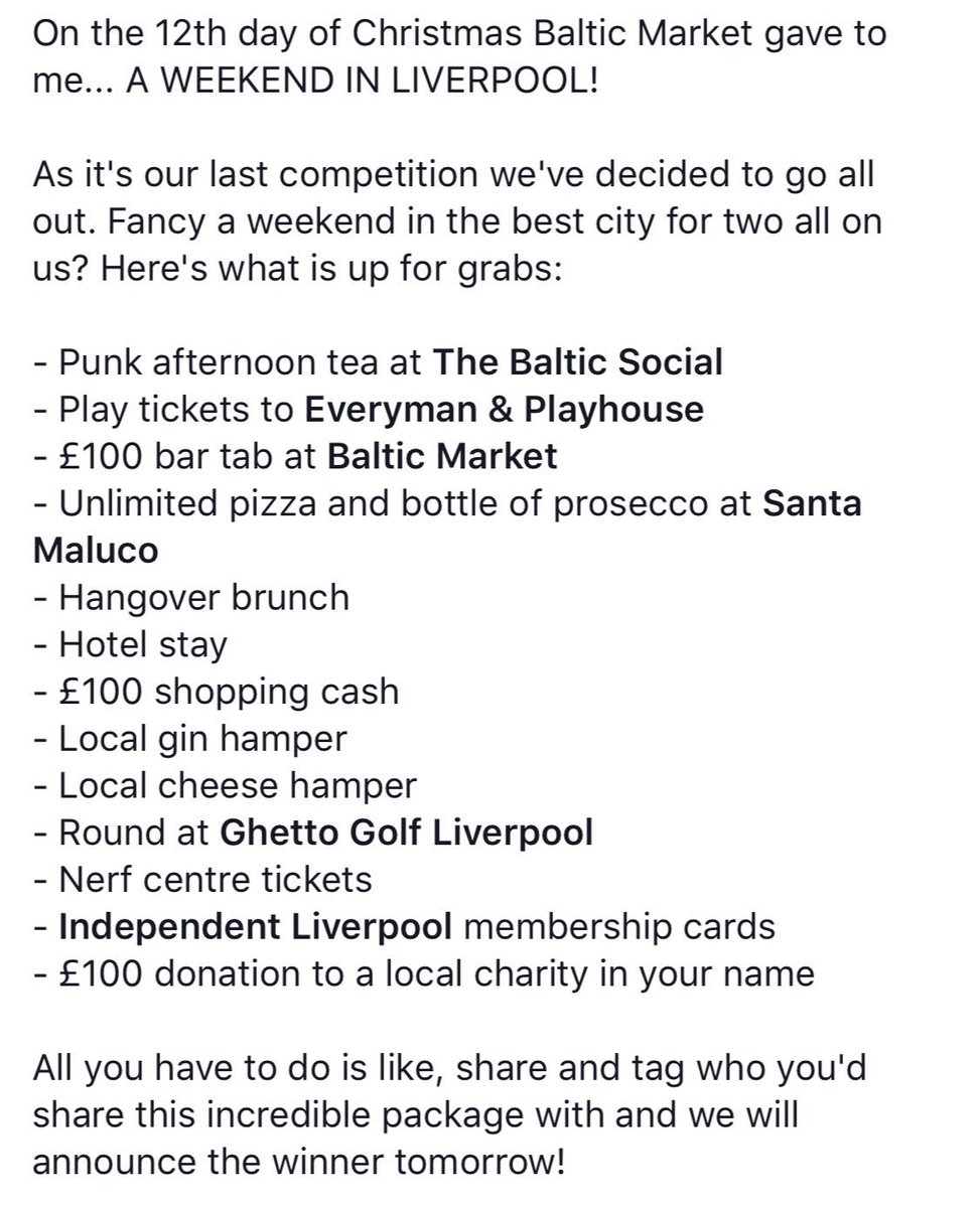 BalticMarketLiv's tweet image. On the 12th day of Christmas Baltic Market gave to me... A WEEKEND IN LIVERPOOL! Have a look at what we’ve got up for grabs. Our biggest prize yet!

All you have to do is RT to enter!