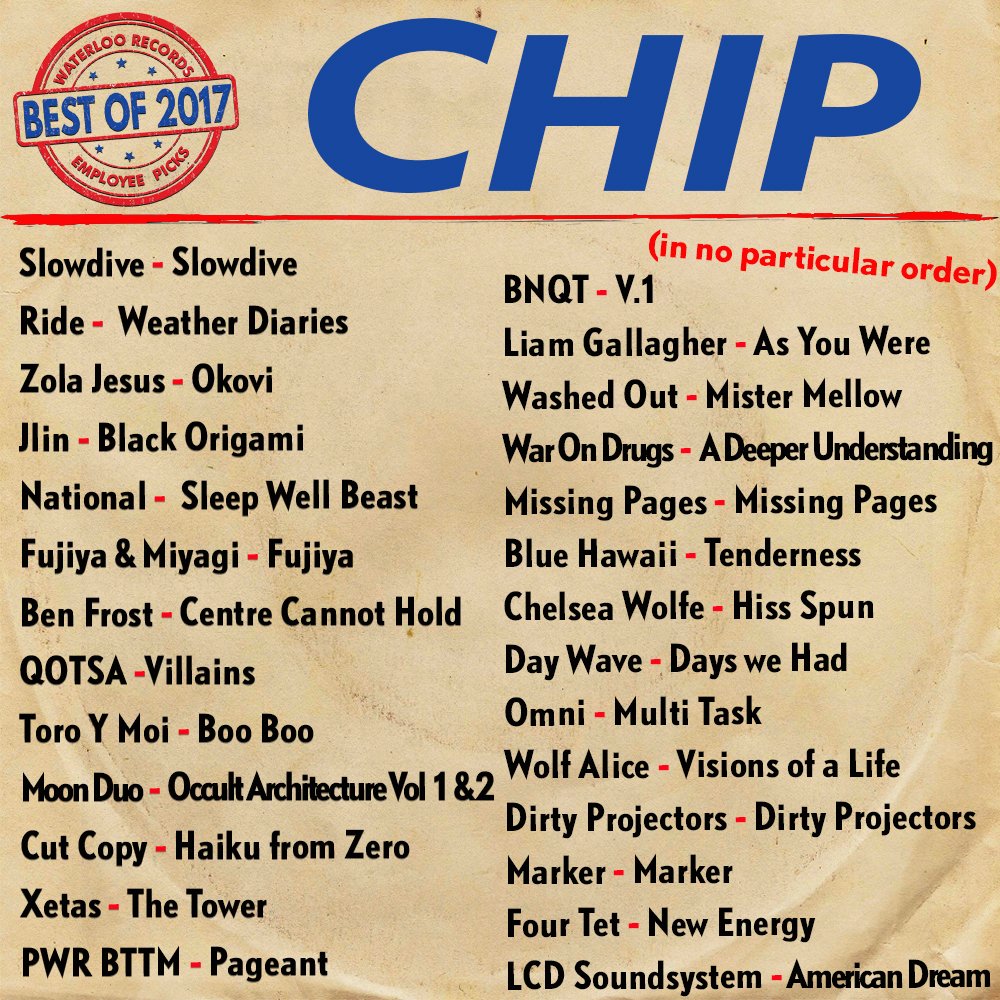 sixonxonqa's tweet photo. Chip has a massive list of hits for this year. Check out his #WaterlooBestof17 picks. // #Slowdive #Ride #ZolaJesus #Jlin #TheNational #BenFrost #QOTSA #ToroYMoi #MoonDuo #CutCopy #Xetas #FourTet #Marker #LCDSoundsystem #DirtyProjectors #Omni #ChelseaWolfe #WashedOut https://t.co/LyihAKSNB3