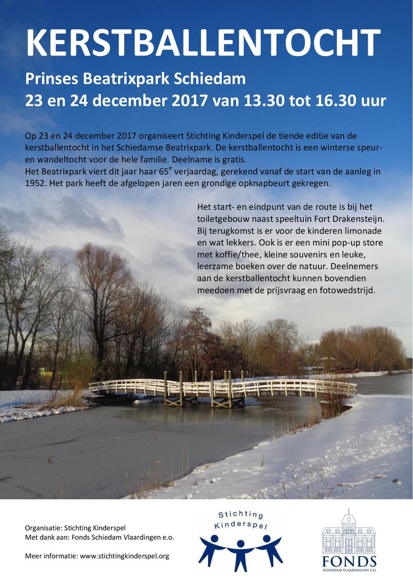 23 en 24 december de tiende editie van de #kerstballentocht <a href="/beatrixpark010/">beatrixparkschiedam</a> #Schiedam. Een winterse speur- en wandeltocht door het park. Start bij het toiletgebouw naast speeltuin Fort Drakensteijn. Deelname is gratis