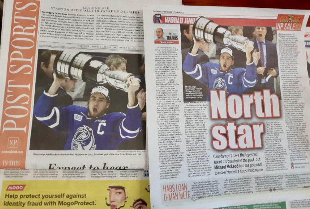 Nice to see <a href="/MikeyMcLeod9/">Mikey McLeod</a> front and centre in the <a href="/TheTorontoSun/">Toronto Sun</a> and <a href="/nationalpost/">National Post</a> sport sections today! 🐟🇨🇦 #WorldJuniors #FEARtheFISH