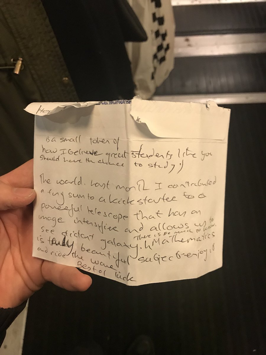 JoeHWren's tweet photo. On the train back we were talking about my Cambridge interview, when I got up to leave the guy sitting on the next table handed me this envelope with £10 enclosed as well with a lovely note on. Im still in shock, this nice gesture will stay with me for the rest of my life. https://t.co/Jnxq2t3uiI