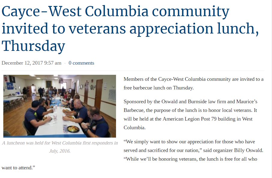 Reminder: The Cayce-West Columbia community is invited to a veterans appreciation luncheon on Thursday. Sponsored by Oswald and Burnside law firm and catered by Maurice's BBQ  westmetronews.net/cayce-west-col…