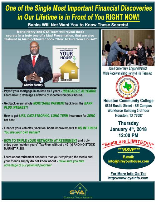 Join <a href="/TCRBCC/">HoustonBlackChamber</a> and <a href="/mariohenry/">mario henry</a> of Control Your Assets for information session on how to get ALL of your payments back.  Mark your calendar and plant to attend to jump-start the 2018 New Year!