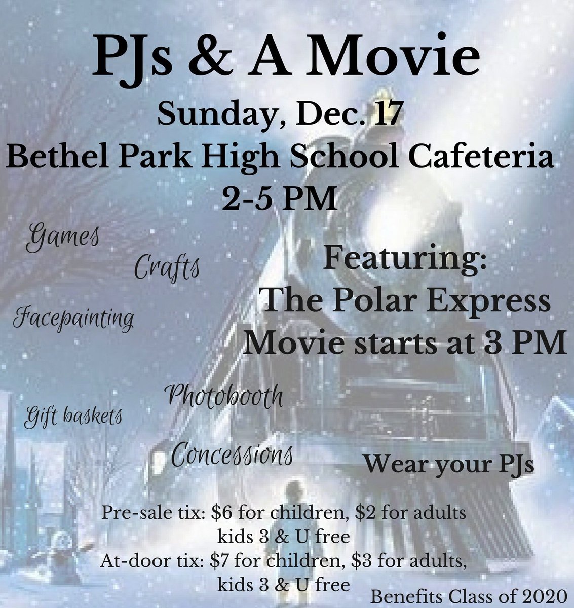 bphs2020's tweet photo. Kick off the holiday season with PJs &amp; A Movie on Sunday, Dec. 17 from 2-5 at BPHS! @bpsdinfo #christmas #ThePolarExpress https://t.co/hR8uJyus1R