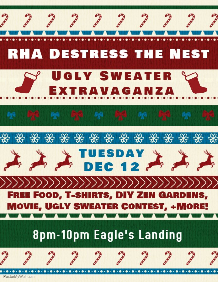 Don't forget! Tonight in just a few hours from 8pm-10pm will be our RHA Destress Event at Eagle's Landing in North Lake! Join us for fun, food, crafts, and stuff!