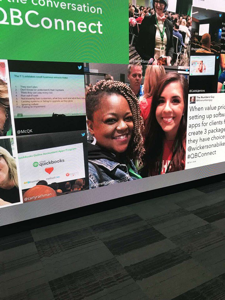 SherrellTMartin's tweet photo. That time me and @amilestsheets made the social media board at #qbconnect #IntuitTSheetsTuesday https://t.co/jPmAB4oOZA