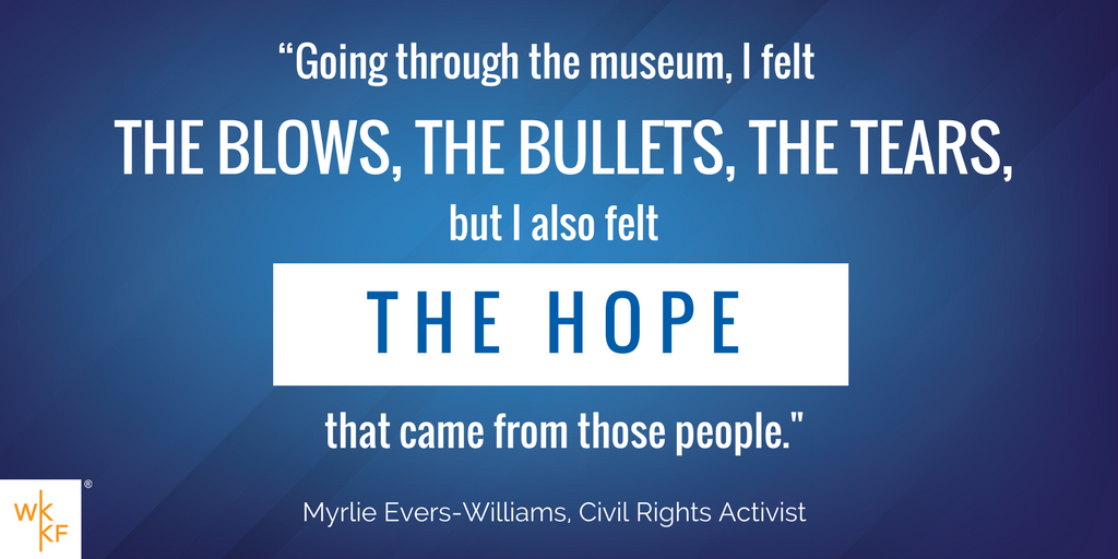 WK_Kellogg_Fdn's tweet photo. Myrlie Evers-Williams was an inspiration to us all at the #TwoMuseumsOpening. We're honored to have shared the stage with her at the opening of the #MuseumOfMSHistory and #MSCivilRightsMuseum. https://t.co/j0v7alBG7u