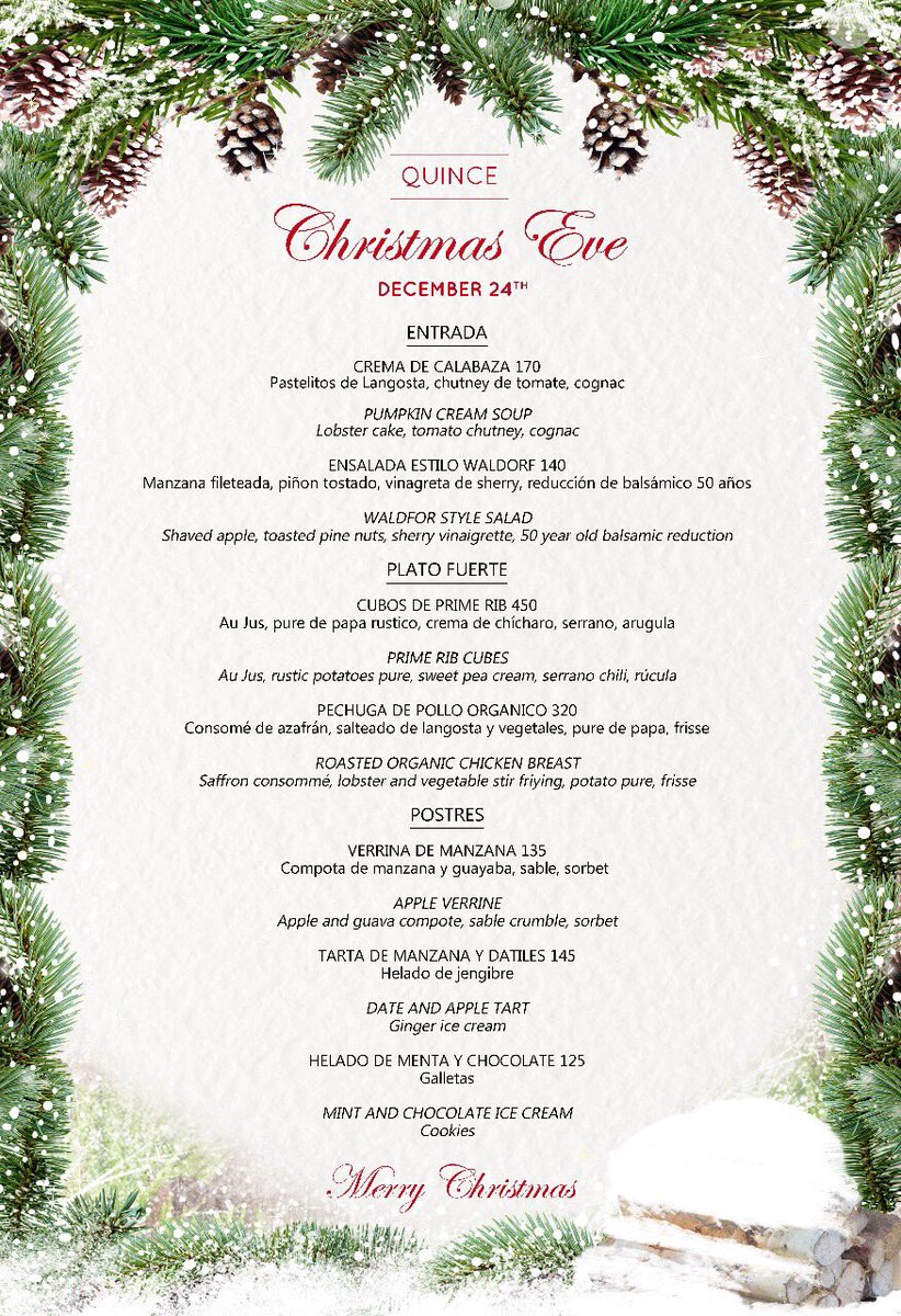 🎅🏻Christmas Eve Specials🎅🏻 Este 24 de Diciembre el Chef Gonzalo Martínez estará ofreciendo estos especiales además de nuestra carta normal... los esperamos para celebrar esta Navidad!!! 👶🏼☃❤🎄❄🙏🏼🎁 RESERVE: reserve@quincerooftop.com #NocheBuena #ChristmasEve #specials