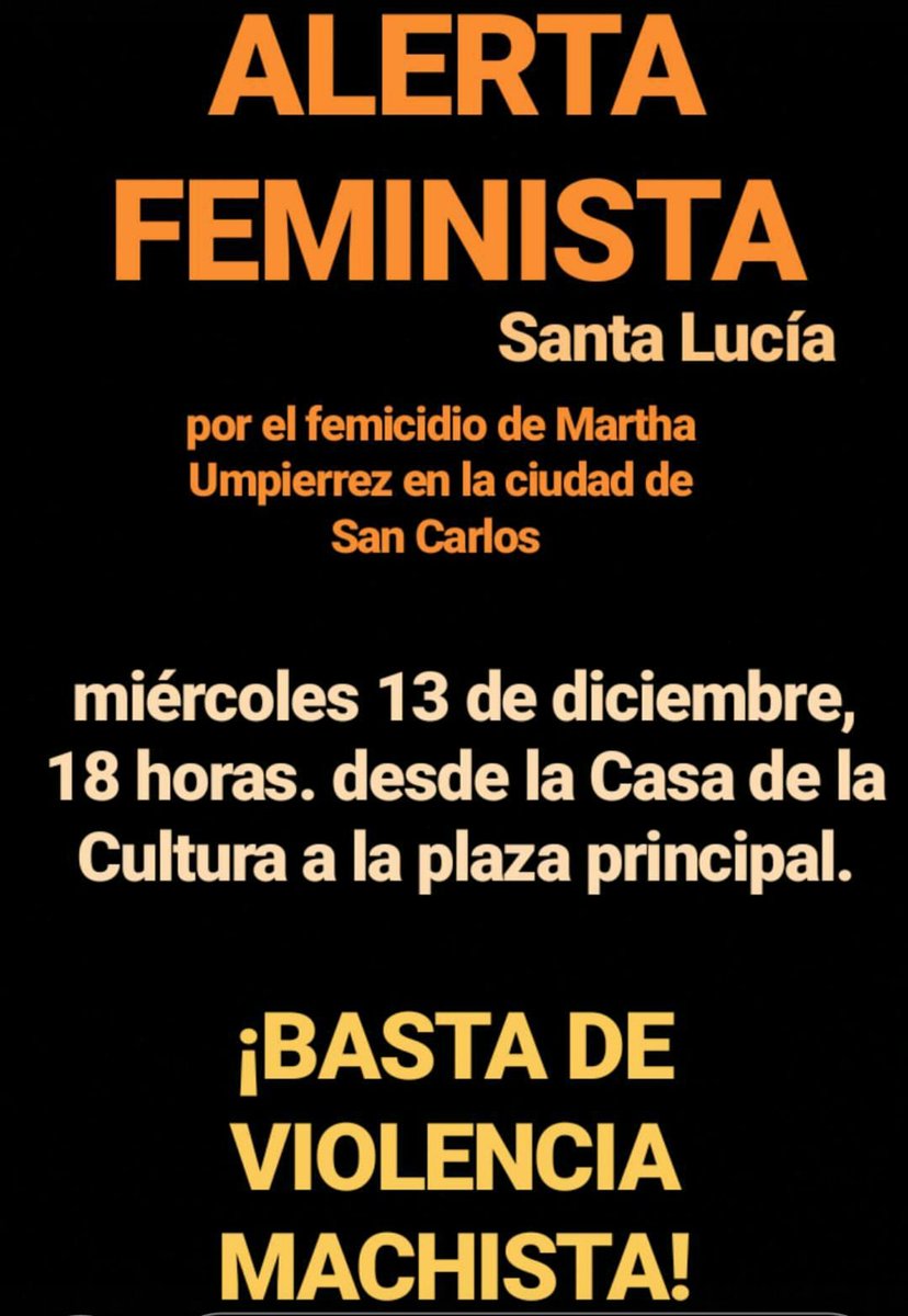 /// ¡Santa Lucía se mueve! ///

Alerta Feminista mañana miércoles 13/12 a las 18 hs, desde Casa de la Cultura hasta la plaza principal.

¡Porque si tocan a una , tocan a todas!
¡Ni una muerta más, ni una mujer menos!
✊✊✊