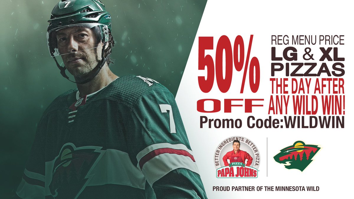 50% off large and x-large pizzas from @PapaJohns today thanks to #mnwild's huge shootout win over Calgary. https://t.co/AH2EwS7F97