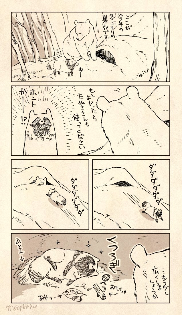 クマとたぬき　冬ごもり 