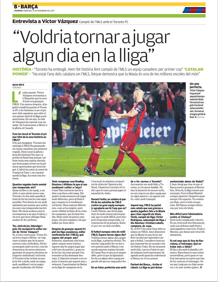 quimmiro's tweet photo. ⚽️ #MLSCup2017 | El català Víctor Vázquez, l’heroi de @torontofc, campió de la lliga de la @MLS. Avui l’entrevisto a @lesportiucat https://t.co/efT2Vd79NY