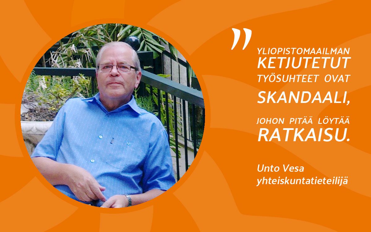 Yhteiskuntaala's tweet photo. .@UniTampere'n emeritustutkija Unto Vesa: #Yliopisto'maailman ketjutetut pätkä- ja projektityösuhteet ovat skandaali, johon pitää löytää ratkaisu. #pätkätyö #työhyvinvointi @JUKOry @marialofg https://t.co/cB6YRdZOHe https://t.co/s5h6en23mJ