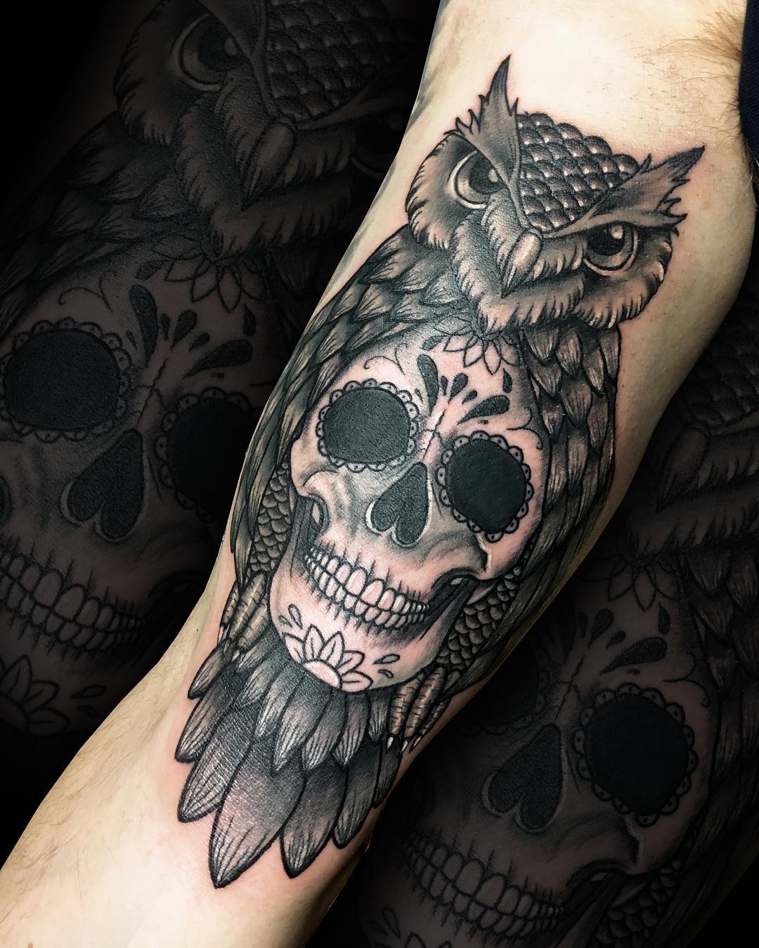 Traditional black and grey owl and sugar skull leg tattoo tattoosbyloaf   Skull thigh tattoos Thigh tattoo Leg tattoos