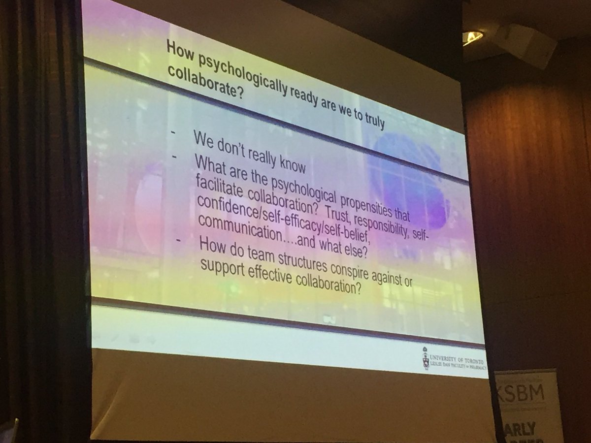 Trust, communication, responsibility and self-confidence are important to consider in interprofessional collaboration. We should spend more time researching these, Prof. Zubin Austin #uksbm2017