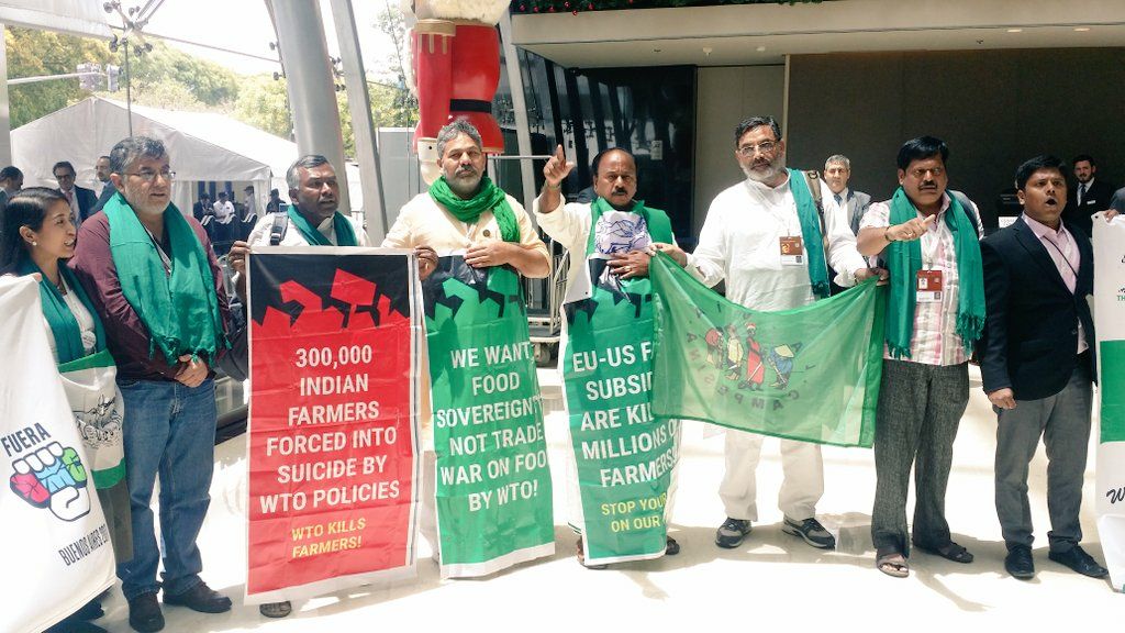 Farmers are watching you GOI- don't trade our lives away- stand up to the unfair WTO- take WTO out of Ag !#FoodSovereigntyNow #WTOKills #EndWTO @sureshpprabhu @DoCGoI
