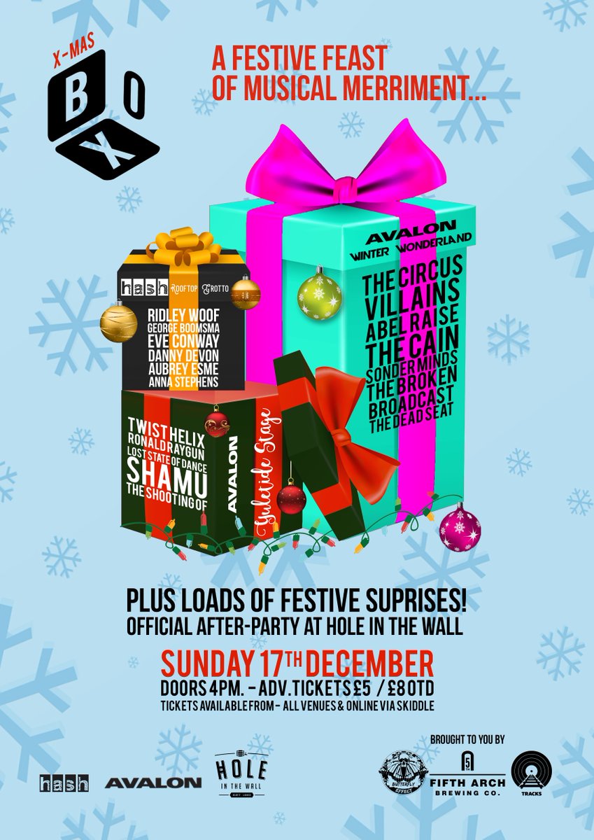 This Sunday, #Christmas comes early to Darlington as X-MAS BOX FESTIVAL takes over <a href="/Avalon_Darlo/">Avalon Darlington</a> &amp; <a href="/HashBarKitchen/">Hash Bar & Kitchen</a> Bar

17 acts over 3 stages and 1 whole afternoon/evening of fun.

Tix are only £5 ADV/£8 OTD and available from Hash/HITW or online: skiddle.com/e/13085882