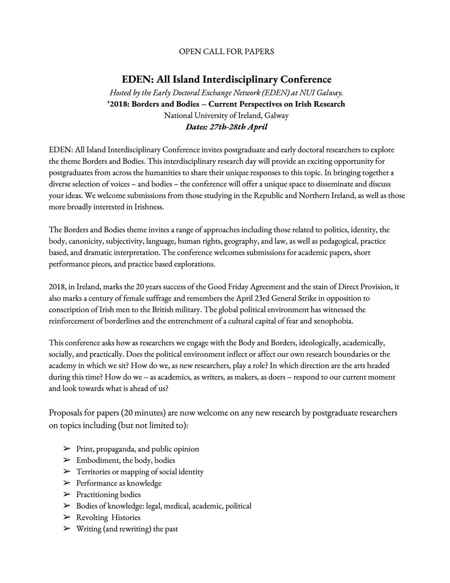 eden_nuig's tweet image. #EDEN2018 #CFP Borders and Bodies: Current Perspectives on Irish Research. 27th-28th April, NUI Galway. Check out the details below and send us an abstract at eden.nuigalway@gmail.com