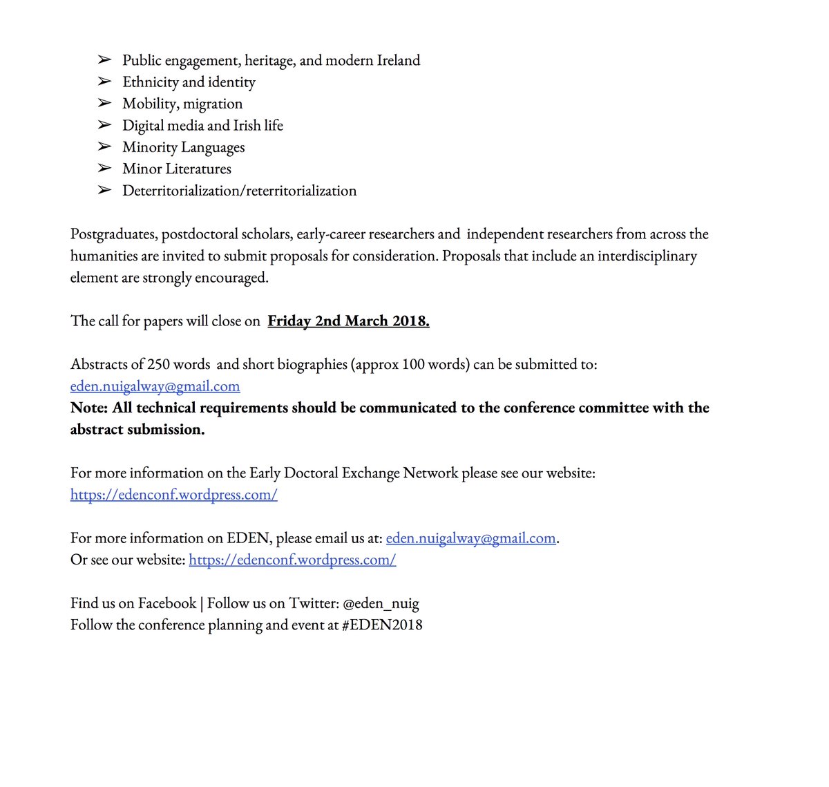 eden_nuig's tweet image. #EDEN2018 #CFP Borders and Bodies: Current Perspectives on Irish Research. 27th-28th April, NUI Galway. Check out the details below and send us an abstract at eden.nuigalway@gmail.com