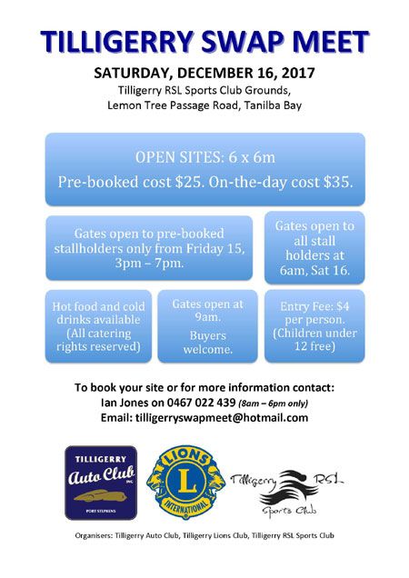 CarsofAustralia's tweet image. The Tilligerry #Swap Meet will be held on Saturday 16 December 2017 at Tilligerry Rsl Sports Club Grounds, Lemon Tree Passage Road, #Tanilba Bay NSW carsofaustralia.com.au/whats_on.php?d…