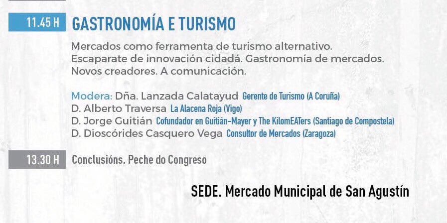 Gastronomía y Turismo en el #CongresoMercadosCoruña 

¿Te vienes?

Participan:
<a href="/laALACENARoja/">la ALACENA Roja</a> @jorgeguitian <a href="/dioscoc/">Dioscorides Casquero</a>